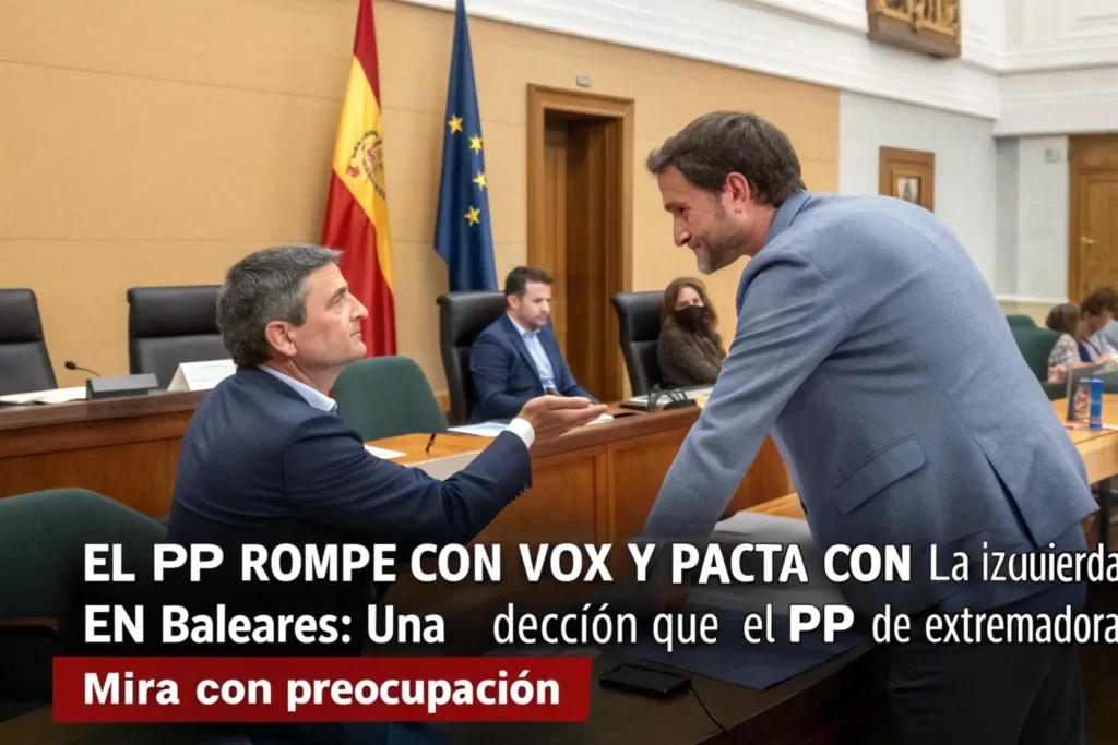 crea una imagen realista para ilustrar un post titulado: El PP rompe con Vox y pacta con la izquierda en Baleares: Una decisión que el PP de Extremadura mira de reojo