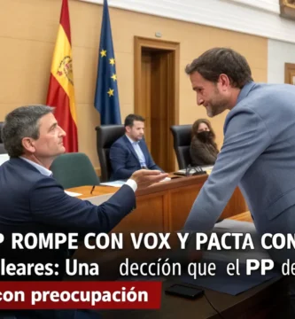 crea una imagen realista para ilustrar un post titulado: El PP rompe con Vox y pacta con la izquierda en Baleares: Una decisión que el PP de Extremadura mira de reojo