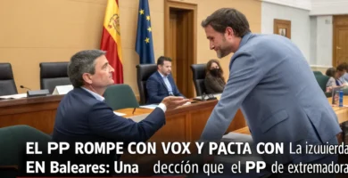 crea una imagen realista para ilustrar un post titulado: El PP rompe con Vox y pacta con la izquierda en Baleares: Una decisión que el PP de Extremadura mira de reojo
