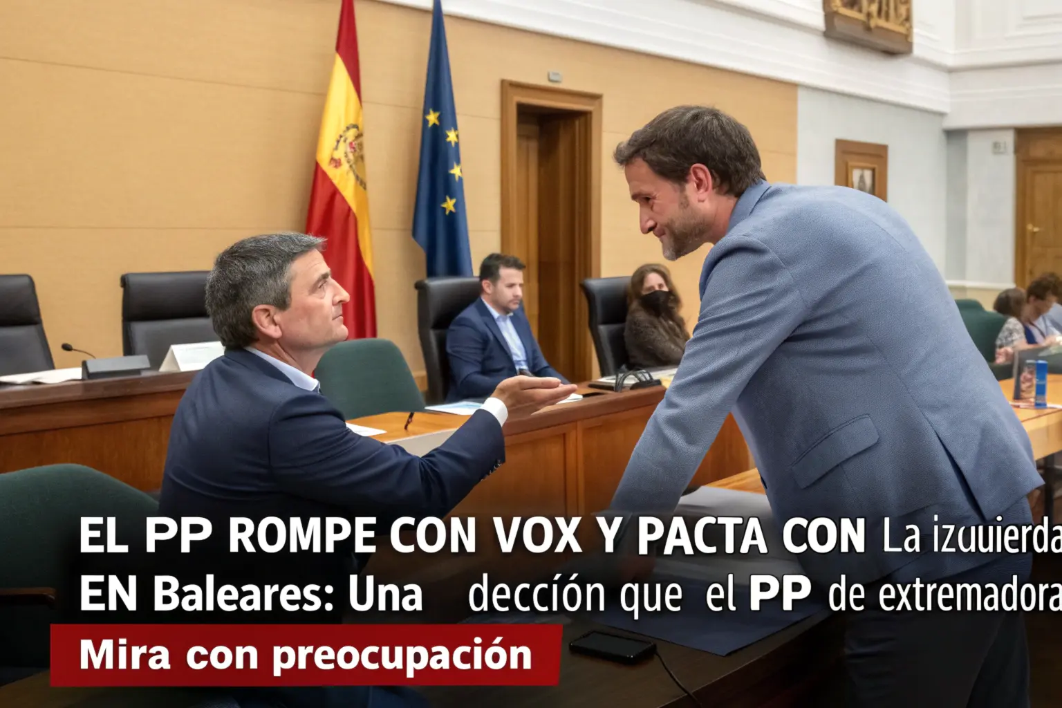 crea una imagen realista para ilustrar un post titulado: El PP rompe con Vox y pacta con la izquierda en Baleares: Una decisión que el PP de Extremadura mira de reojo