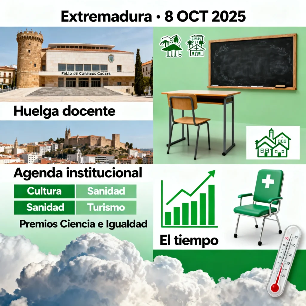 Datos de Huelga Docente. Visita Presidencial y Sucesos Clave: Resumen de Noticias en Extremadura | 8 de Octubre