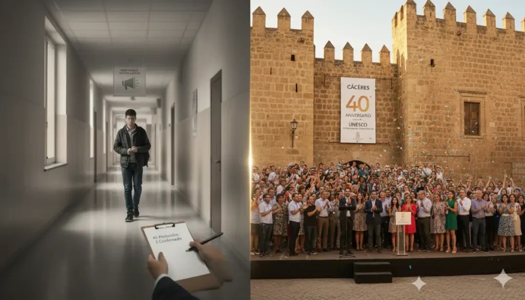 Crea una imagen realista para ilustrar este artículo: Alarma en Extremadura: Solo 1 Caso de Bullying Confirmado de 45 Protocolos; Cáceres Lanza su 40 Aniversario UNESCO en formato 16:9